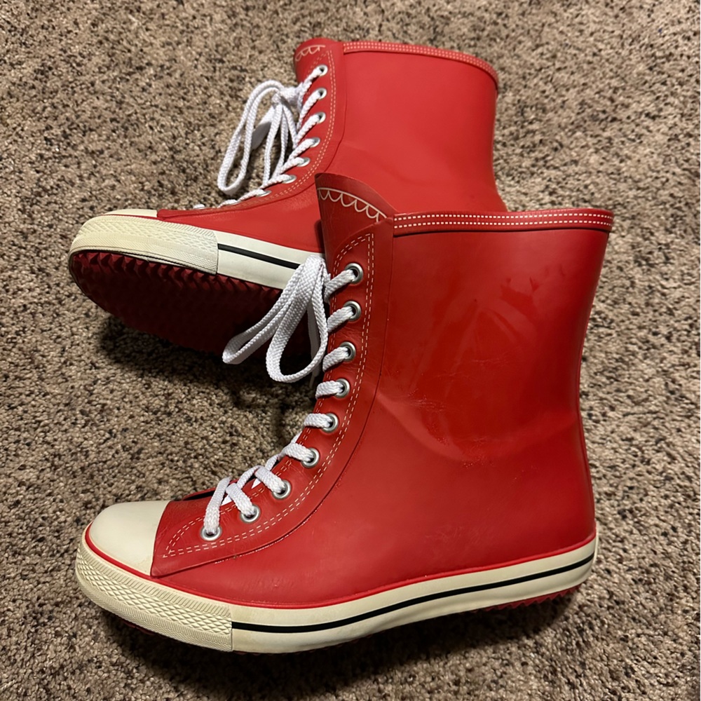 Dirty Laundry Red High-Top Lace-Up Rain Boots with White Accents